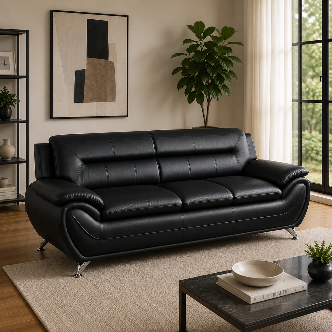 Gilan 3-Piece Sofa Set In Faux Leather Upholstery - Black