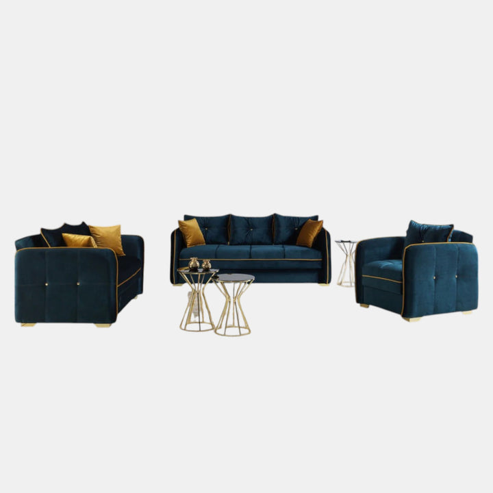 Shepherd Blue 3-Piece Stationary Sofa Set In Velvet Upholstery