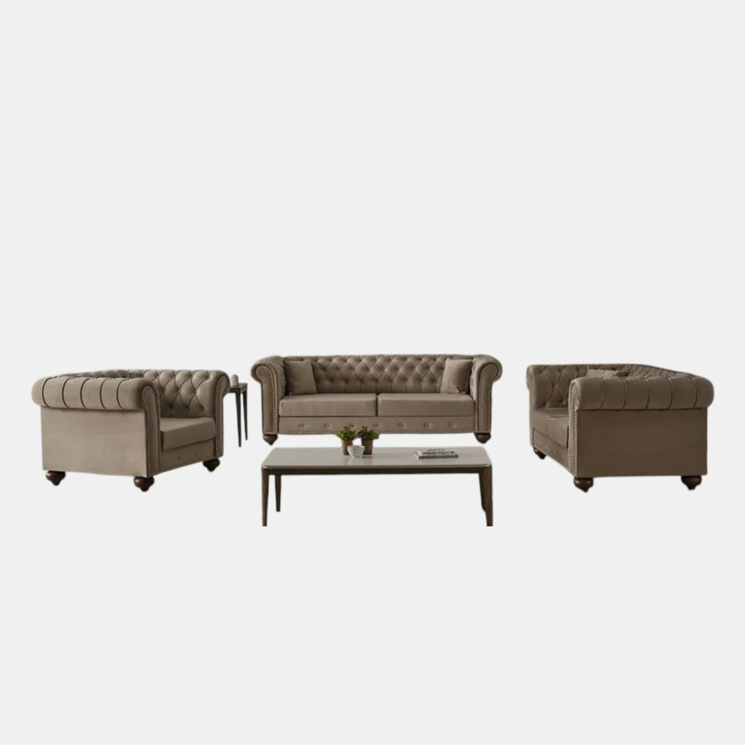 Makron Beige 3-Piece Stationary Sofa Set In Velvet Upholstery