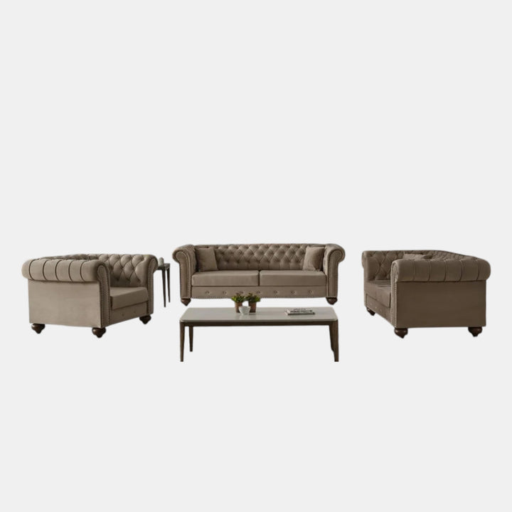Makron Beige 3-Piece Stationary Sofa Set In Velvet Upholstery