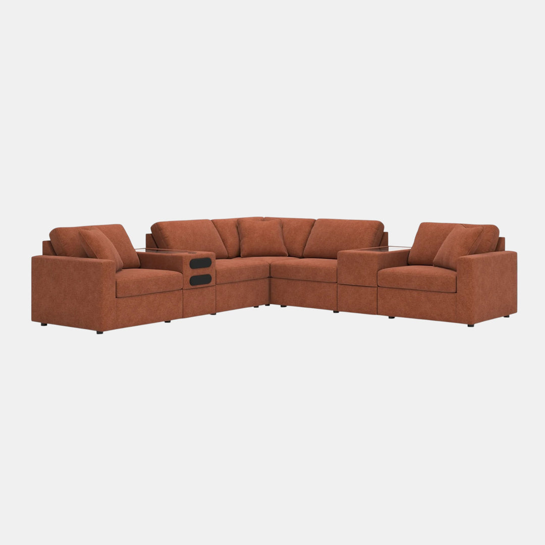 92102S69 Modmax 7-Piece Fabric Sectional Sofa With Storage &amp; Audio System Console - Spice | Signature Design By Ashley
