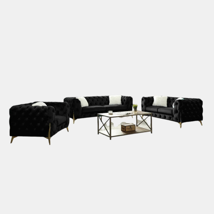 Oakley Black 3-Piece Sofa Set In Velvet Upholstery