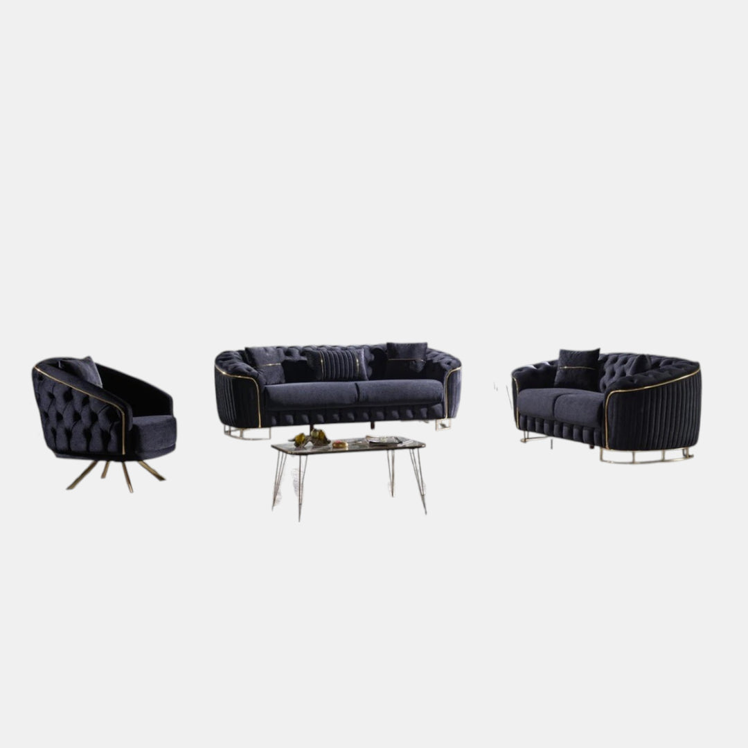 Julia Black 3-Piece Stationary Sofa Set In Velvet Upholstery