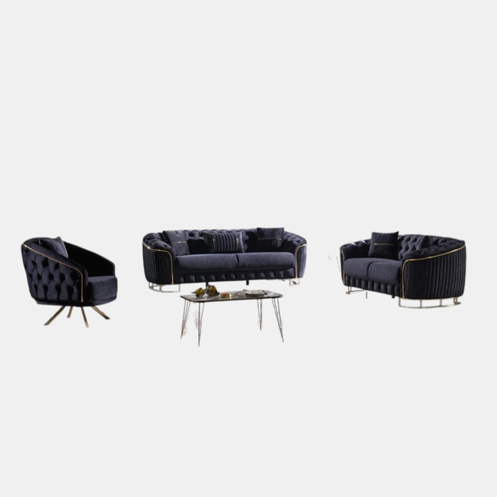 Julia Black 3-Piece Stationary Sofa Set In Velvet Upholstery