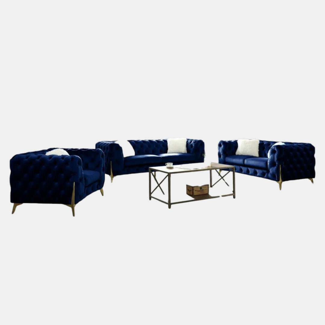 Oakley Blue 3-Piece Sofa Set In Velvet Upholstery