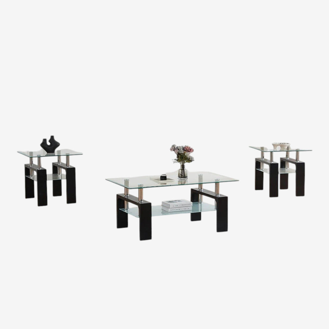 Odien Black 3-Piece Coffee Table Set With Tempered Glass Top
