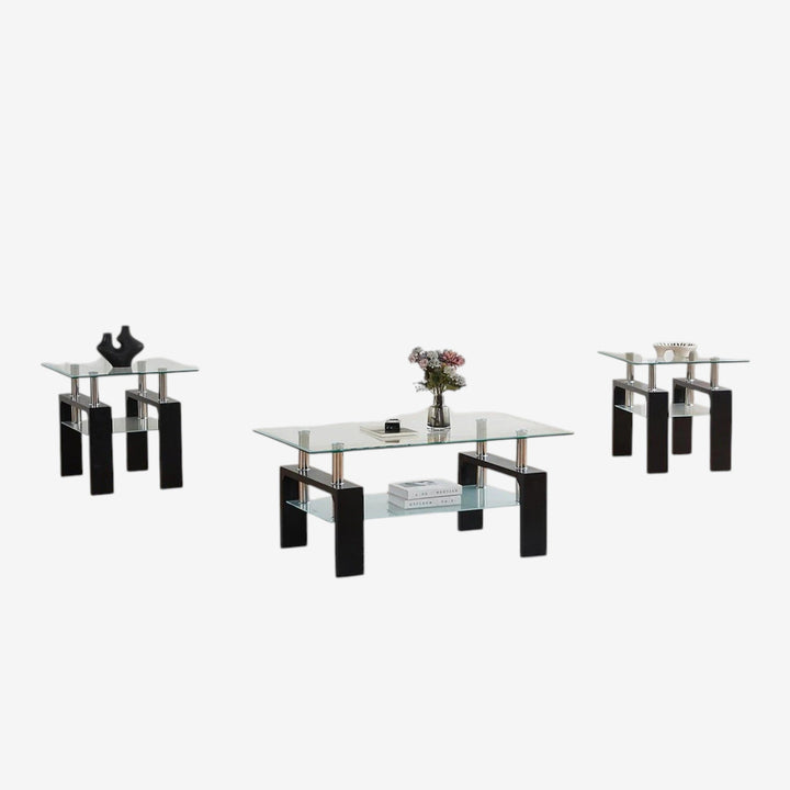 Odien Black 3-Piece Coffee Table Set With Tempered Glass Top