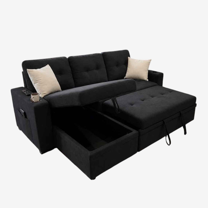 Kestrel Fabric Upholstered Sectional Sofa Bed With Reversible Storage Chaise - Black
