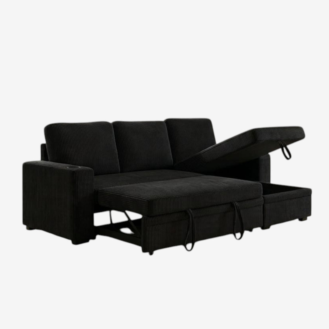 Robin Fabric Upholstered Sectional Sofa Bed With Reversible Storage Chaise - Black