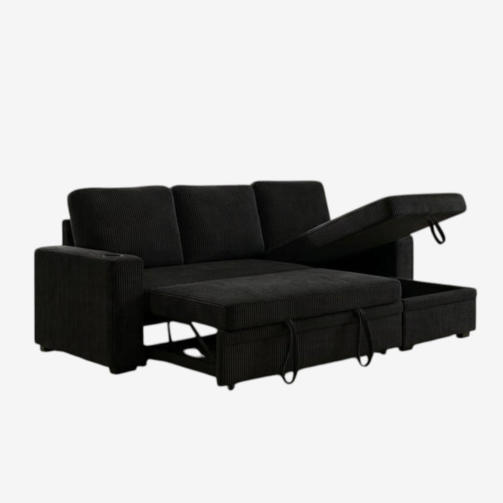 Robin Fabric Upholstered Sectional Sofa Bed With Reversible Storage Chaise - Black