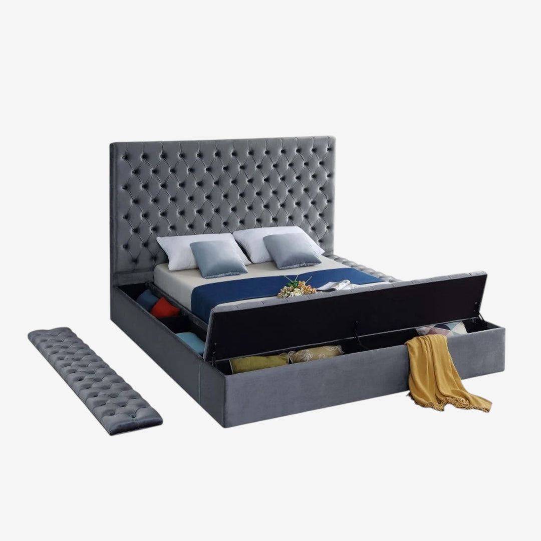 Vettori Grey Velvet Upholstered Platform Bed Frame With Built-in Storage Benches