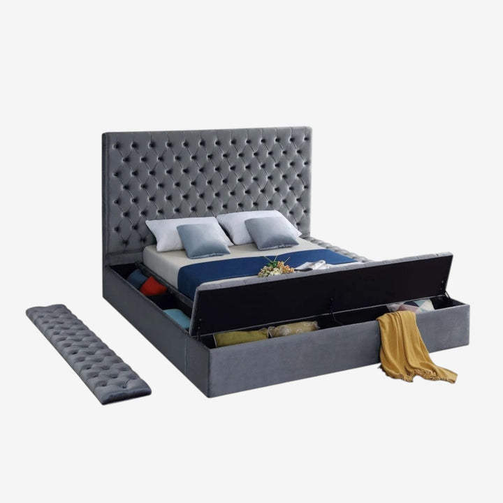 Vettori Grey Velvet Upholstered Platform Bed Frame With Built-in Storage Benches