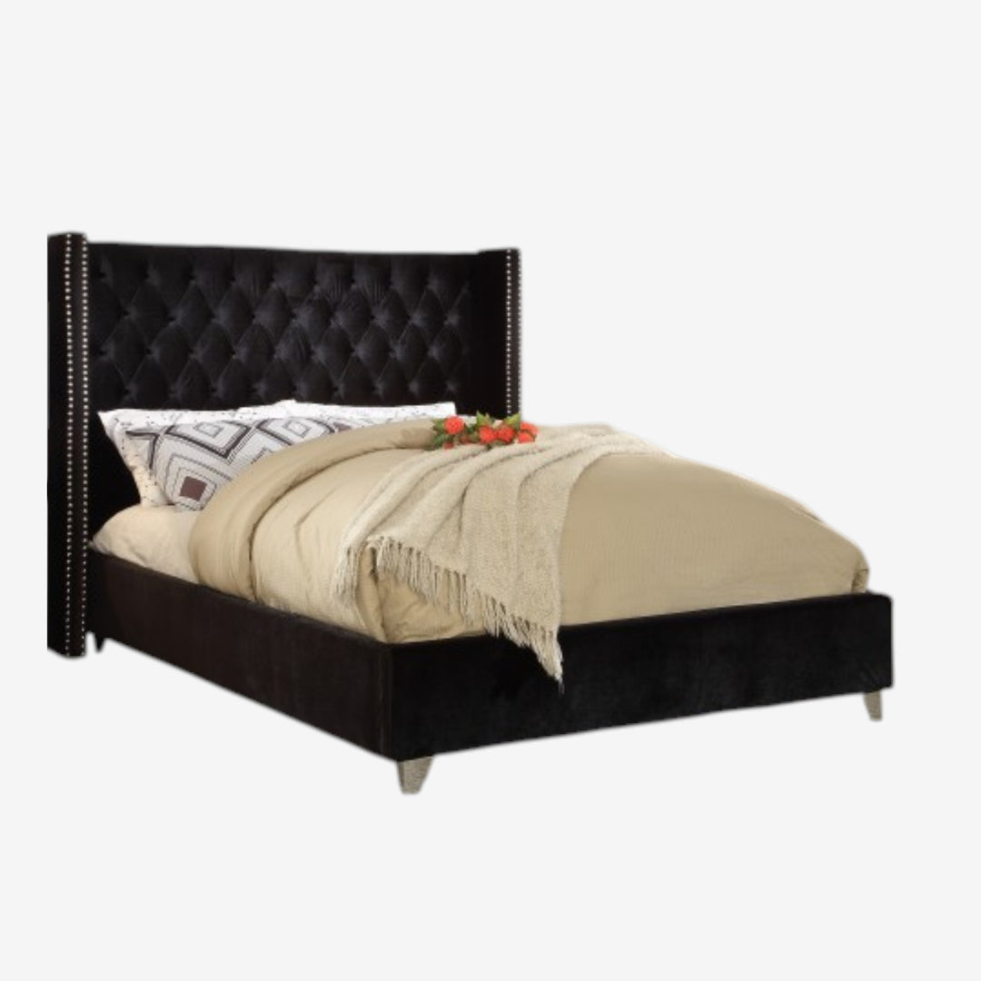 Suzon Black Velvet Upholstered Platform Bed Frame With Button-Tufted Headboard