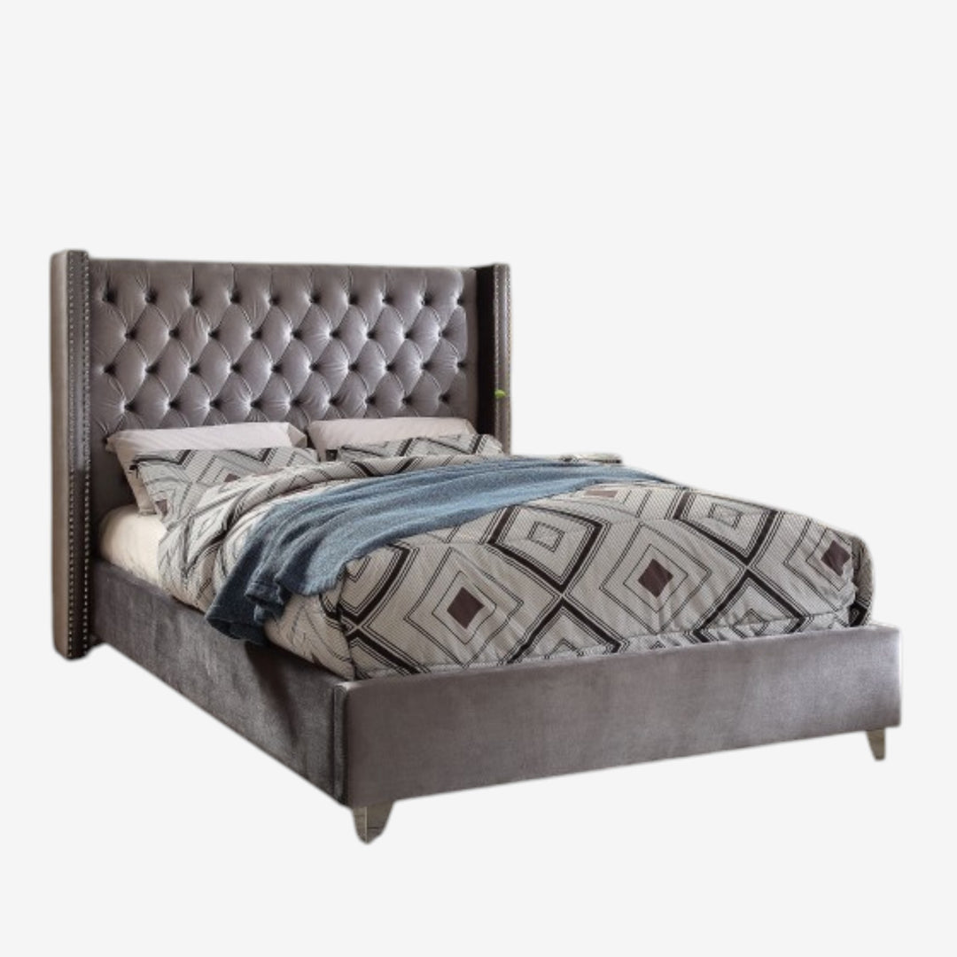 Suzon Grey Velvet Upholstered Platform Bed Frame With Button-Tufted Headboard