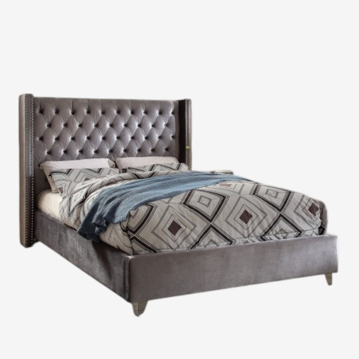 Suzon Grey Velvet Upholstered Platform Bed Frame With Button-Tufted Headboard