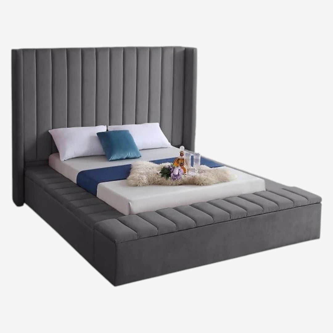 Jengo Grey Velvet Upholstered Platform Bed Frame With Storage Benches