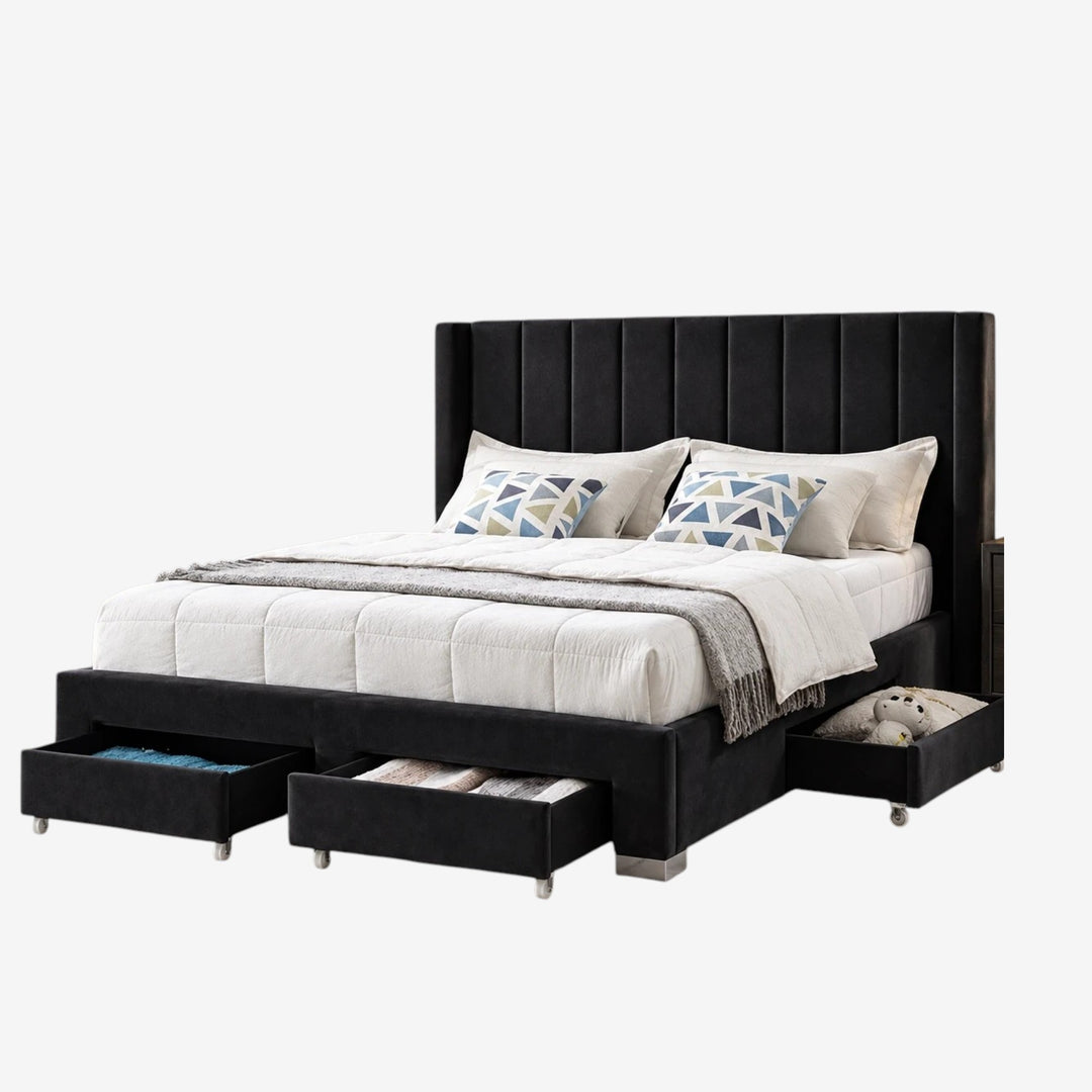 Simpala Velvet Upholstered Platform Bed Frame In Black Finish