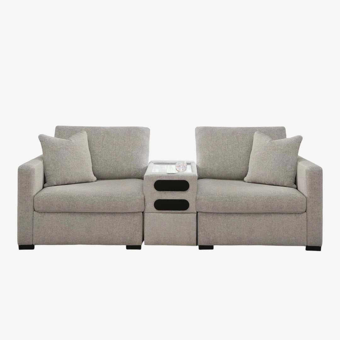 68605S10 Modmax Luxe 3-Piece Fabric Upholstered Sectional Loveseat With Audio System Console - Flint | Benchcraft By Ashley