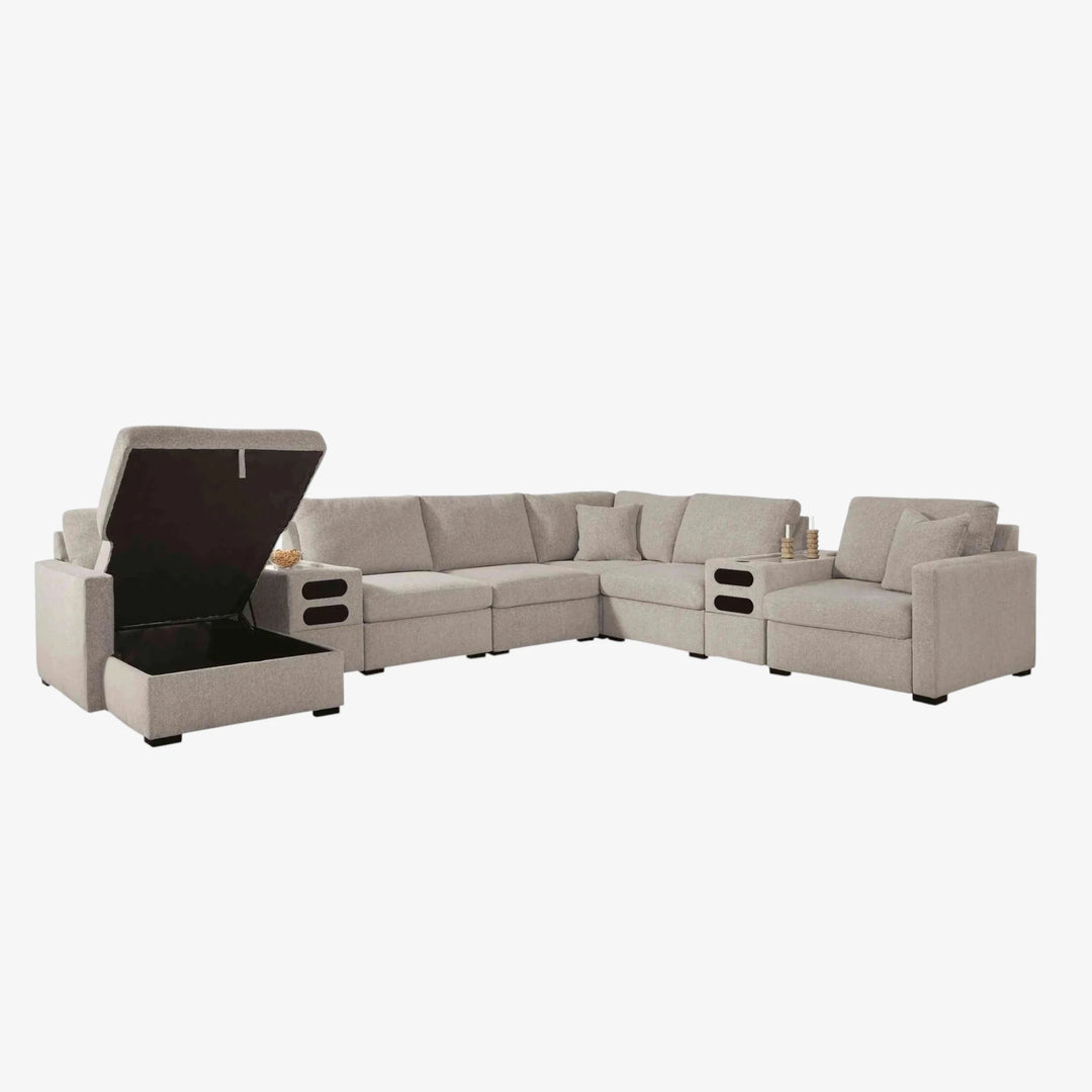 Modmax Luxe 8-Piece Fabric Upholstered Sectional Sofa With Storage Chaise &amp; Audio System Console - Flint | Benchcraft By Ashley