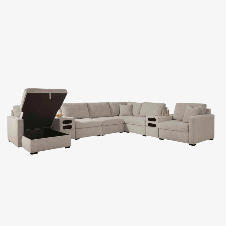 Modmax Luxe 8-Piece Fabric Upholstered Sectional Sofa With Storage Chaise &amp; Audio System Console - Flint | Benchcraft By Ashley