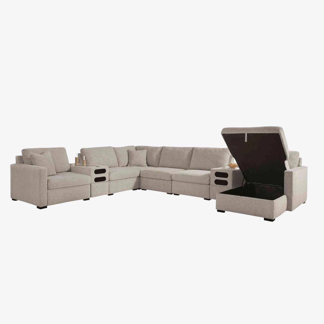 Modmax Luxe 8-Piece Fabric Upholstered Sectional Sofa With Storage Chaise &amp; Audio System Console - Flint | Benchcraft By Ashley