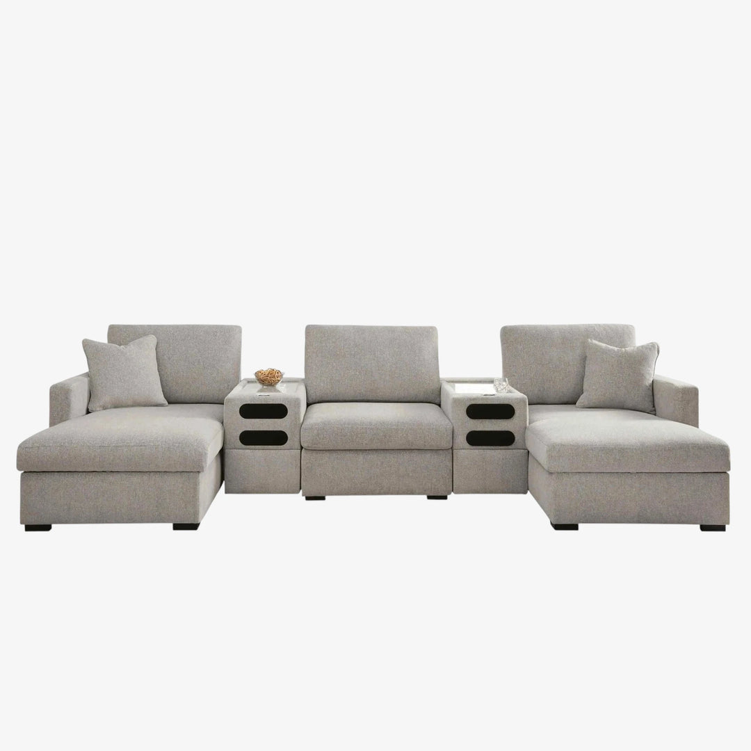 68605S43 Modmax Luxe 5-Piece Fabric Upholstered Sectional Sofa With Dual Chaise &amp; Audio System Console - Flint | Benchcraft By Ashley