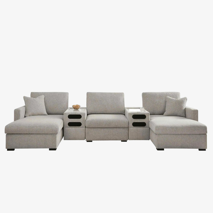 68605S43 Modmax Luxe 5-Piece Fabric Upholstered Sectional Sofa With Dual Chaise &amp; Audio System Console - Flint | Benchcraft By Ashley