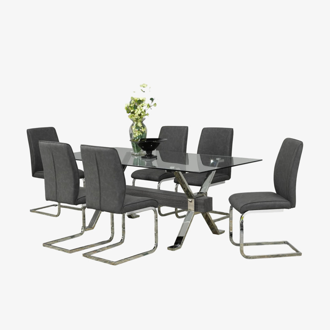 Surrey 7-Piece Grey Dining Table Set With Glass Tabletop
