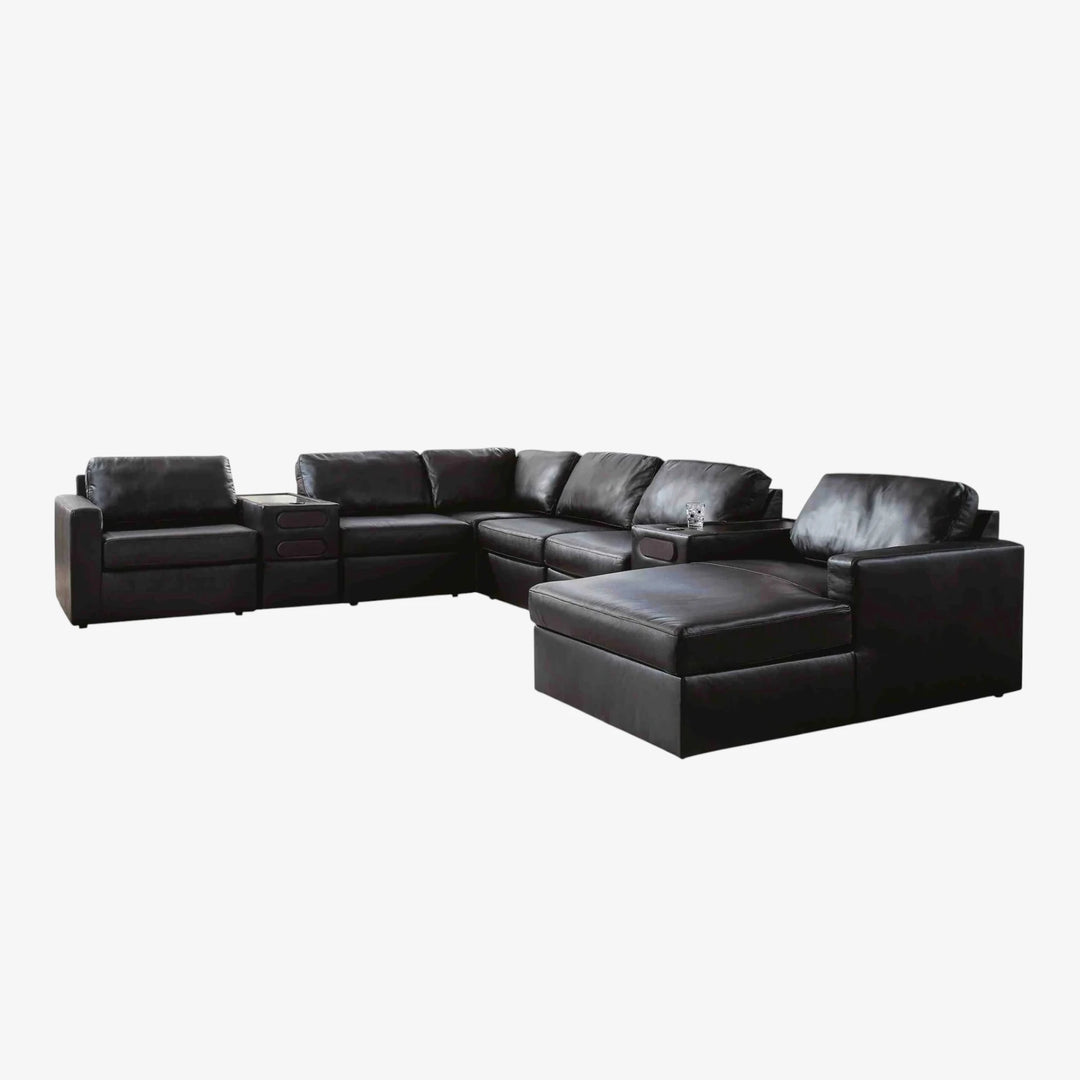 Modmax II 8-Piece Leather Upholstered Sectional Sofa With Corner Chaise &amp; Audio Console - Oyster | Signature Design By Ashley