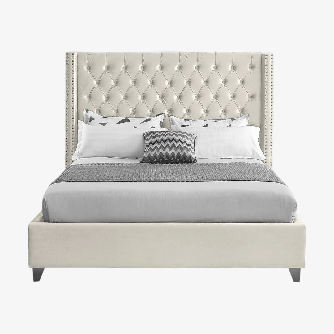 Suzon Cream Velvet Upholstered Platform Bed Frame With Button-Tufted Headboard