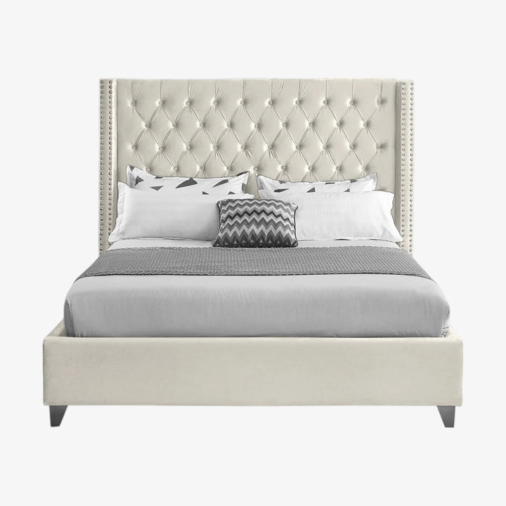 Suzon Cream Velvet Upholstered Platform Bed Frame With Button-Tufted Headboard