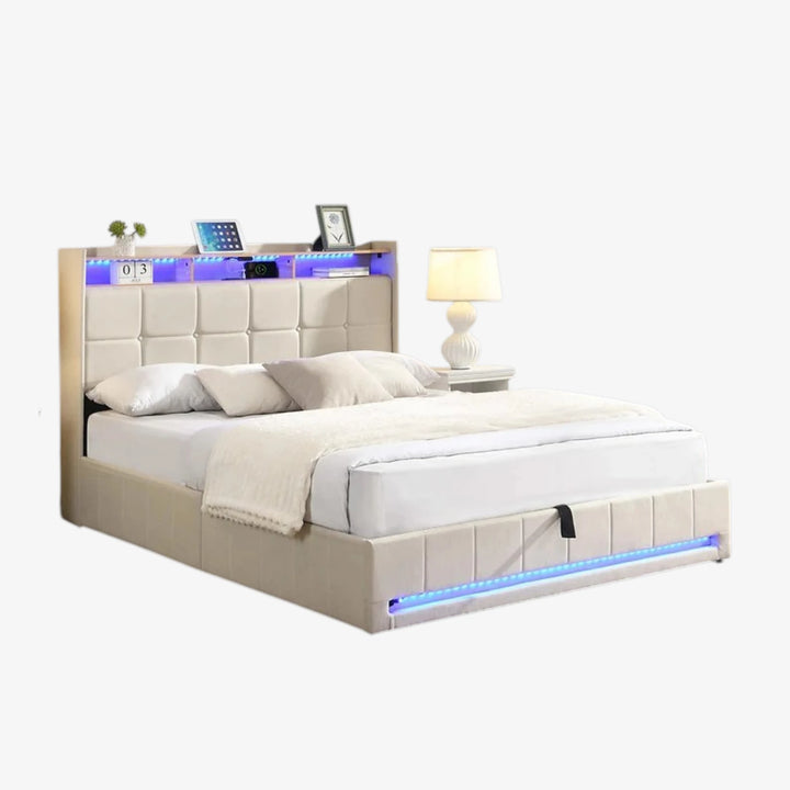 Kairen Beige Fabric Upholstered Platform Bed Frame With LED Lighting System