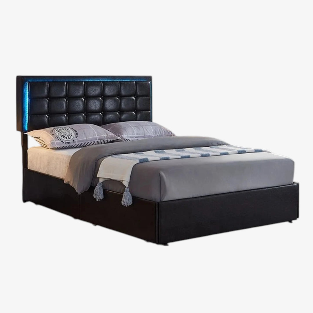 Mooney Black PU Upholstered Platform Bed Frame With LED Lighting System