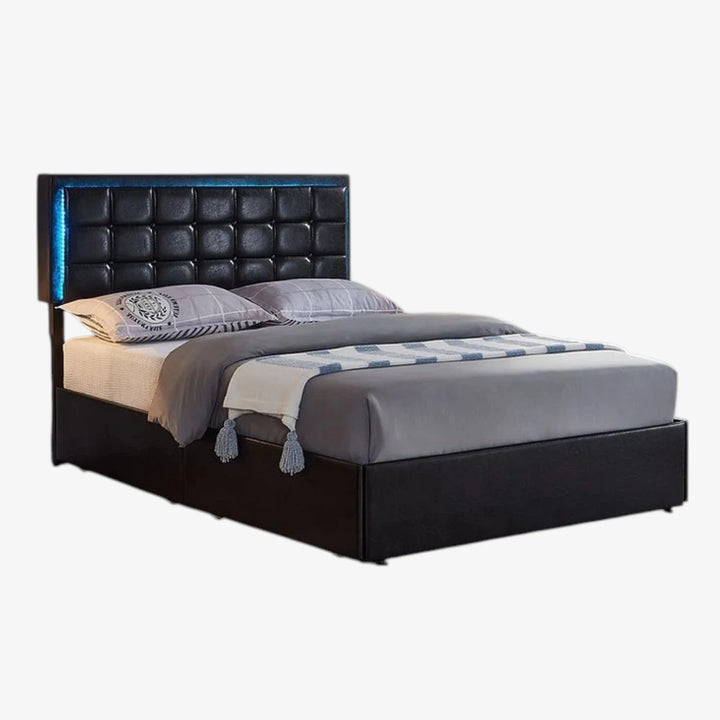 Mooney Black PU Upholstered Platform Bed Frame With LED Lighting System