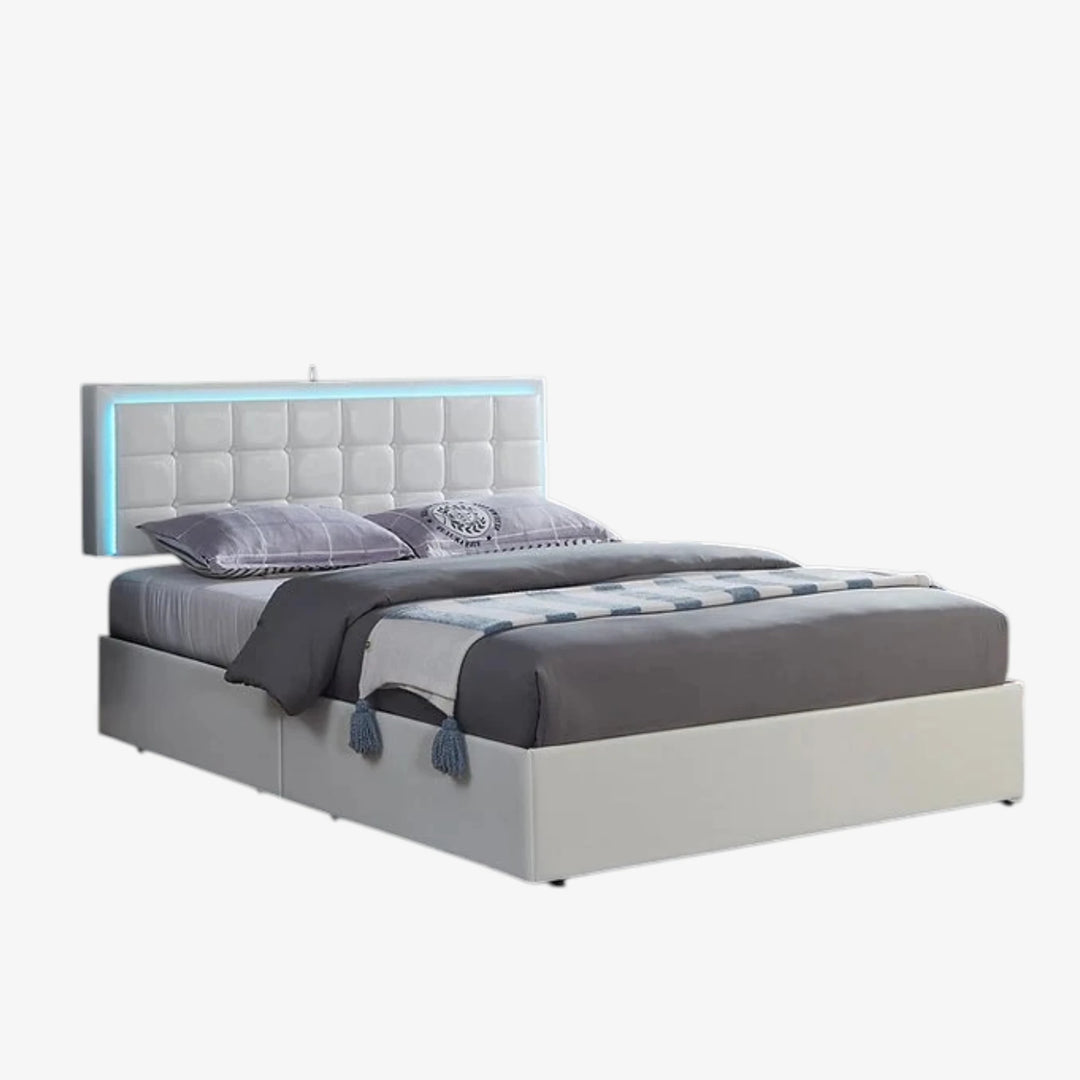 Mooney White PU Upholstered Platform Bed Frame With LED Lighting System