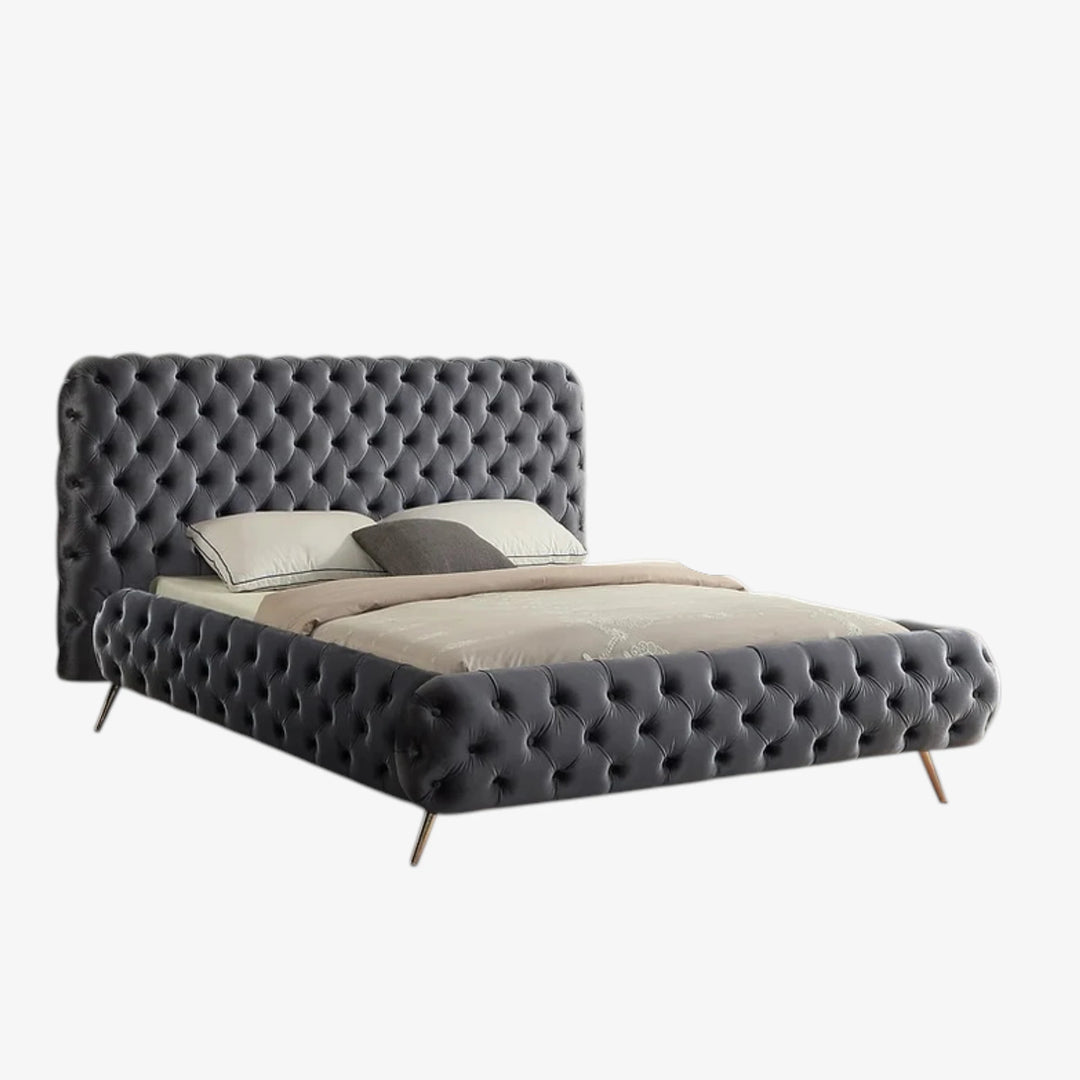 Shaun Grey Velvet Upholstered Platform Bed Frame With Tufted Headboard
