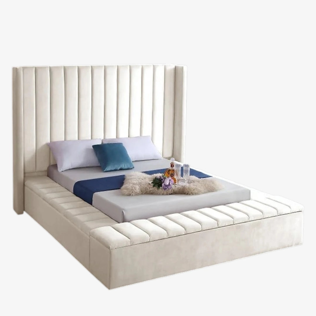 Jengo Beige Velvet Upholstered Platform Bed Frame With Storage Benches