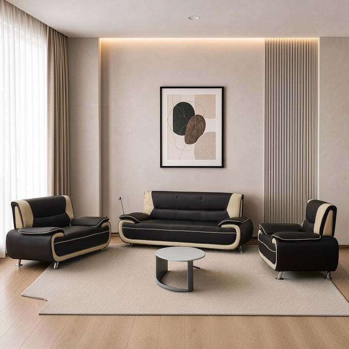 Munic Black &amp; White 3-Piece Sofa Set In Faux Leather Upholstery