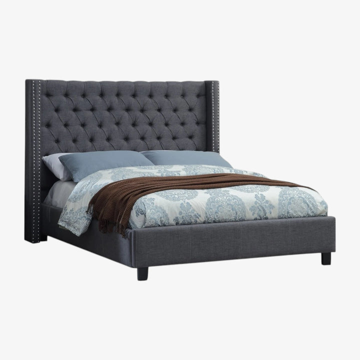 Zuka Grey Fabric Upholstered Platform Bed Frame With Button Tufted Headboard