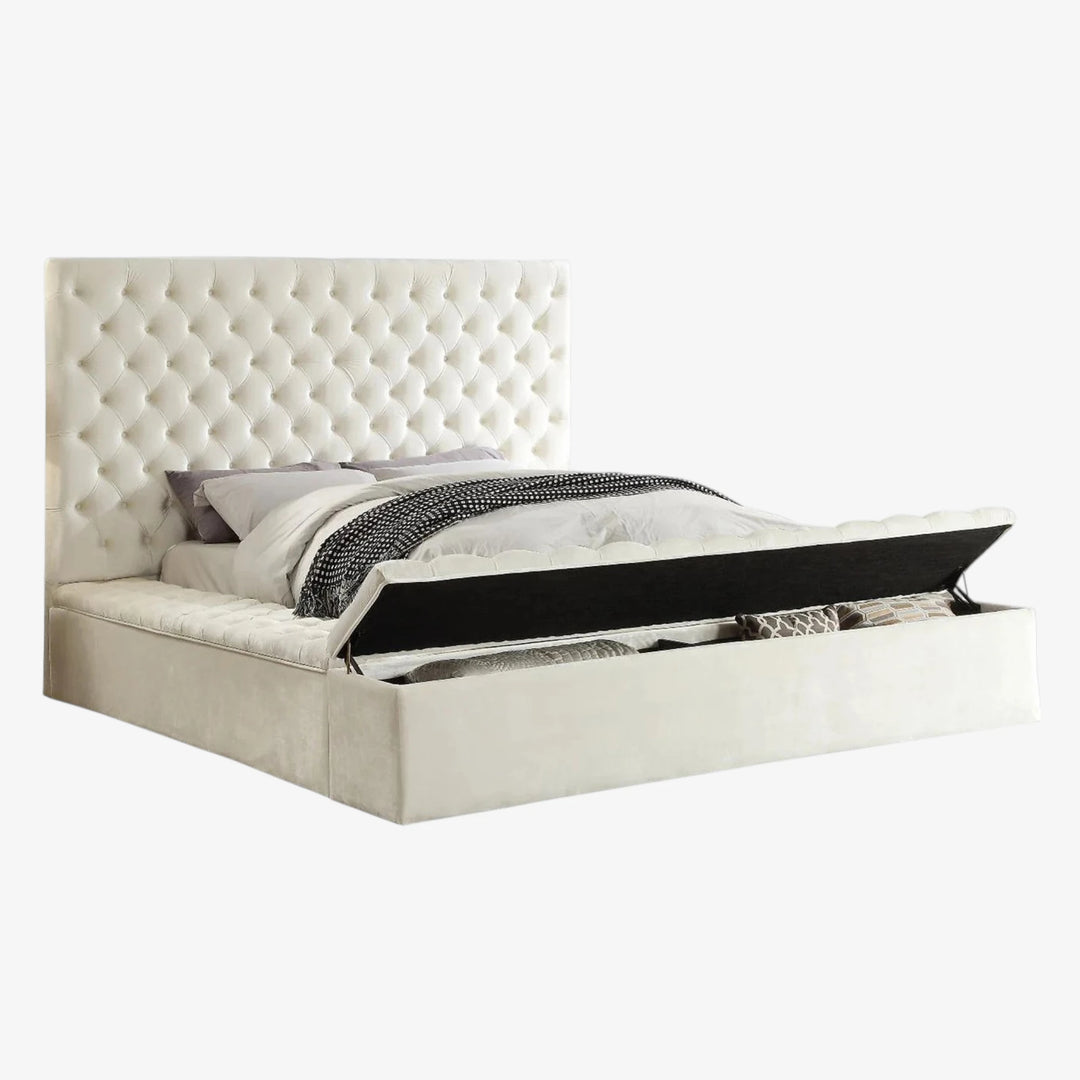 Vettori Cream Velvet Upholstered Platform Bed Frame With Built-in Storage Benches