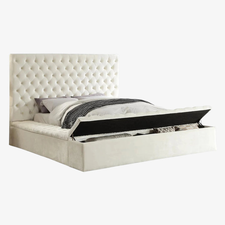 Vettori Cream Velvet Upholstered Platform Bed Frame With Built-in Storage Benches