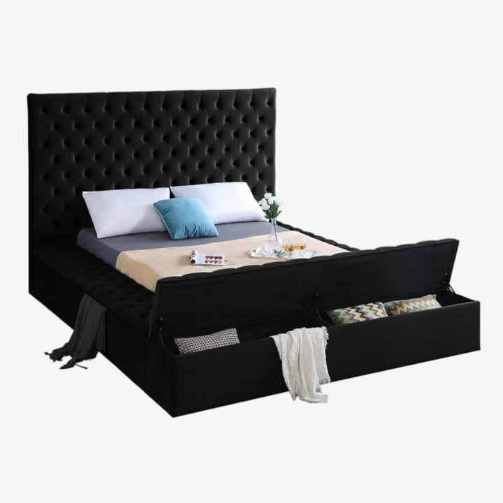 Vettori Black Velvet Upholstered Platform Bed Frame With Built-in Storage Benches