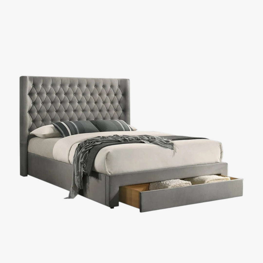 Rabio Grey Velvet Upholstered Platform Bed Frame With Built-In Storage Drawer