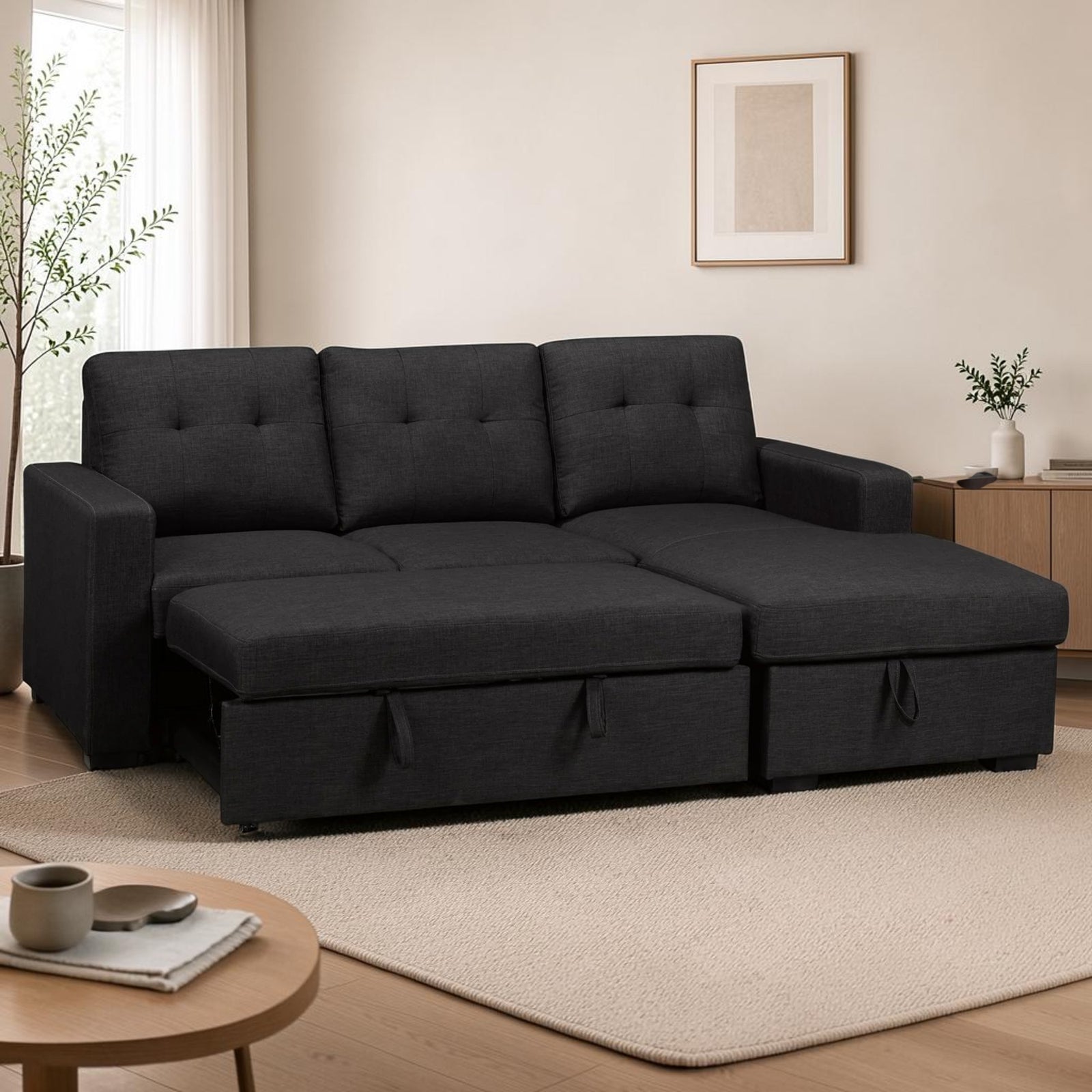 Obrike Fabric Dark Grey Sectional Sofa Bed with Reversible Storage Chaise - Dark-Grey - Side View