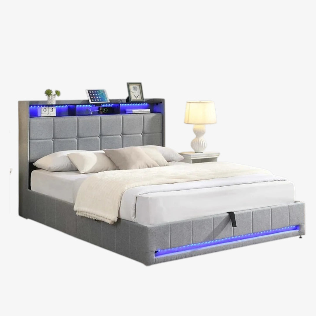 Kairen Grey Fabric Upholstered Platform Bed Frame With LED Lighting System