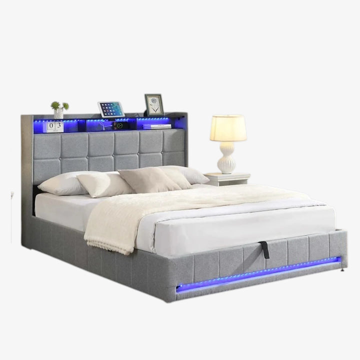 Kairen Grey Fabric Upholstered Platform Bed Frame With LED Lighting System