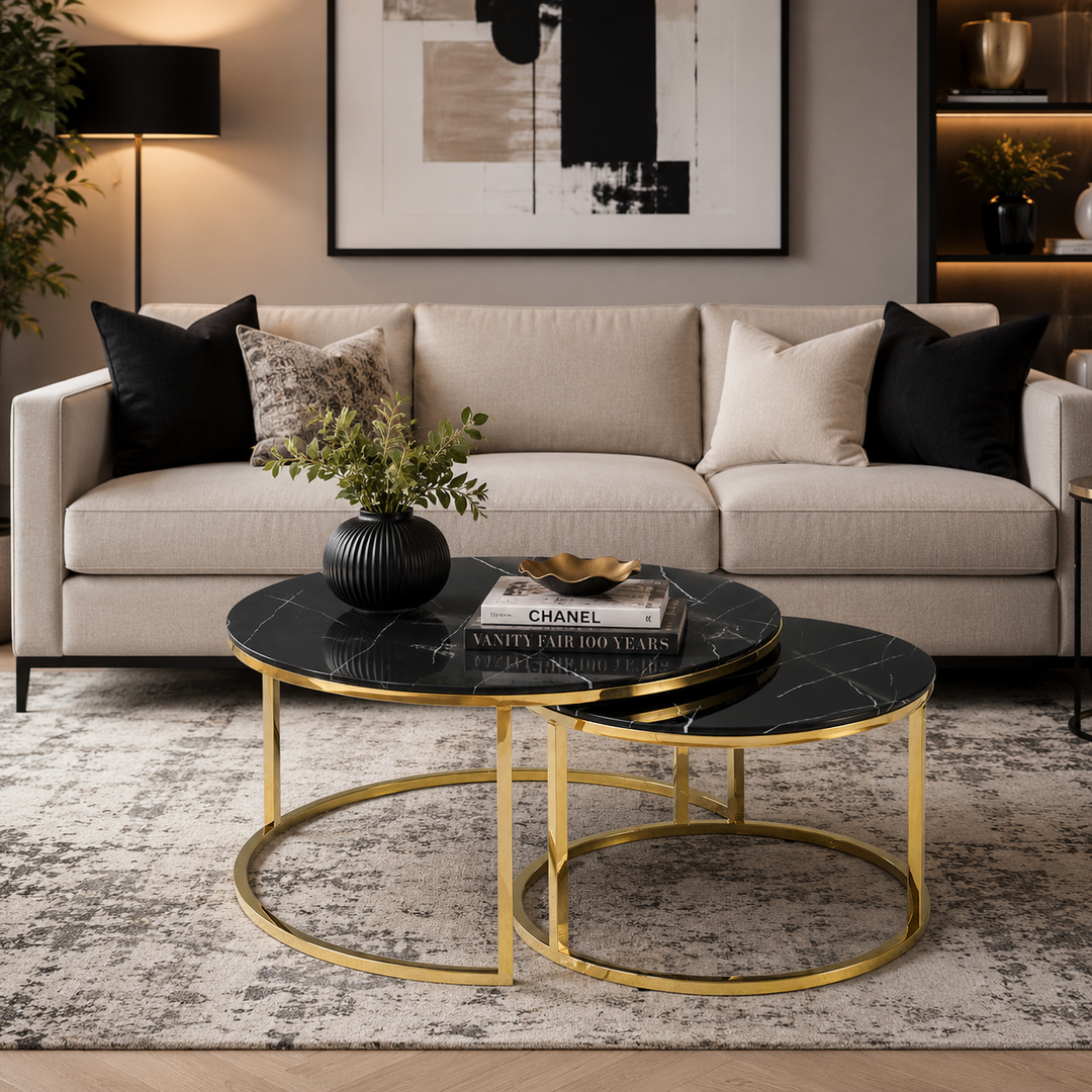Vanessa Coffee Table With Marble Glass Top &amp; Metal Base - Black/ Gold