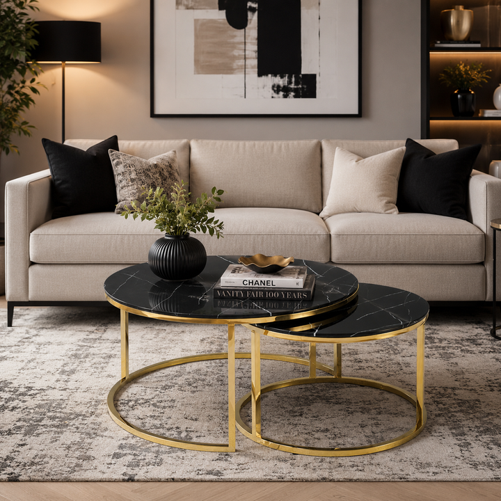 Vanessa Coffee Table With Marble Glass Top &amp; Metal Base - Black/ Gold