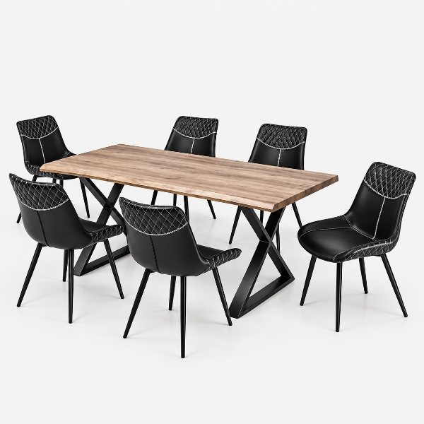 Lingo Dining Table Set For 6 With Black PU Leather Chairs