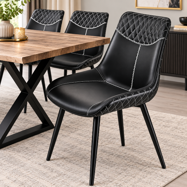 Lingo Dining Table Set For 6 With Black PU Leather Chairs